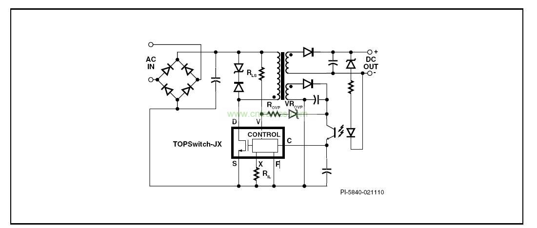 圖 1. 具有初級檢測的輸出過壓保護、輸入欠壓鎖存、輸入過壓關(guān)斷及可設定流限值功能的典型TOPSwitch-JX反激式電源