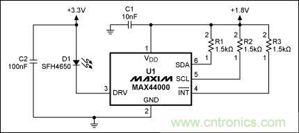 圖2：MAX44000典型電路，帶有發(fā)射器旁路