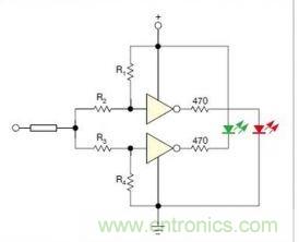 在雙門構成的CMOS/TTL兼容探頭中，R1至R4電阻網絡對反相器輸入端做偏置