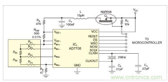圖1：測(cè)量電路測(cè)三個(gè)點(diǎn)的值，微控制器就可以計(jì)算出傳感器值