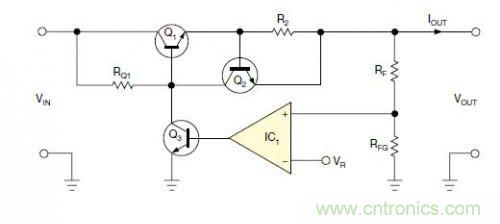 圖1：一個標準的線性穩(wěn)壓器直接將反饋連接到串聯(lián)導(dǎo)通晶體管上。
