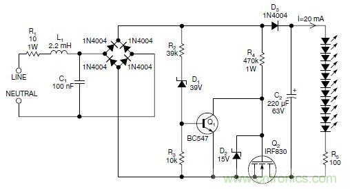 圖2：斬波工作類(lèi)似圖1中的電路，但以較大的LED串聯(lián)電阻代替了恒流源，提供限流功能