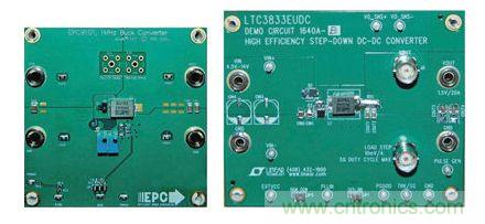 圖2：在低壓降壓轉(zhuǎn)換器使用EPC9101及經(jīng)過修改的DC1640A-B演示板的比較