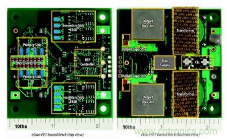 圖6：采用eGaN FET設(shè)計的48V至53V半磚PSE轉(zhuǎn)換器的頂視圖和底視圖(單位為英寸)。