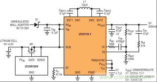 圖7：LTC3115-1與LTC4412HV相結(jié)合，以獲得由單節(jié)鋰離子電池和未穩(wěn)壓交流適配器提供的雙輸入5V電源