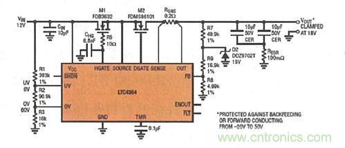圖8：LTC4364 提供了針對過壓、短路或反向電壓的內(nèi)置輸出端口保護(hù)功能