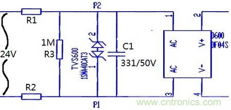 案例1：輸入端24V波動(dòng)，R1和R2常被燒壞。