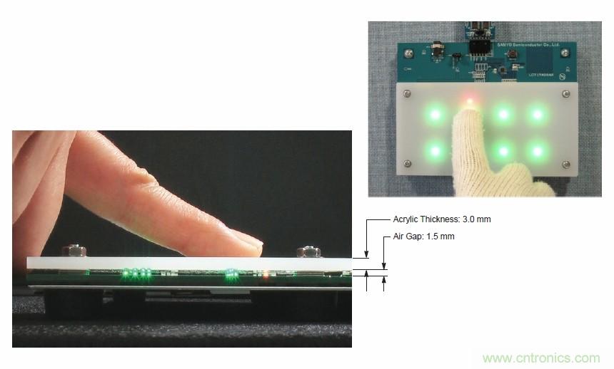 圖7. 安森美半導(dǎo)體電容式觸摸傳感器具有高度靈敏度，支持戴手套觸摸，支持含氣隙應(yīng)用