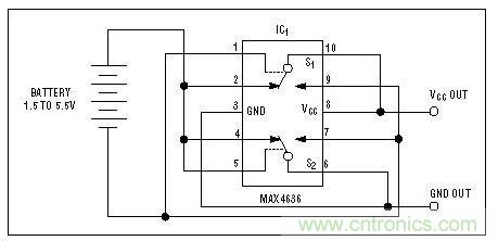 該電路檢測(cè)電池極性，并迅速接通負(fù)載或切換電池極性
