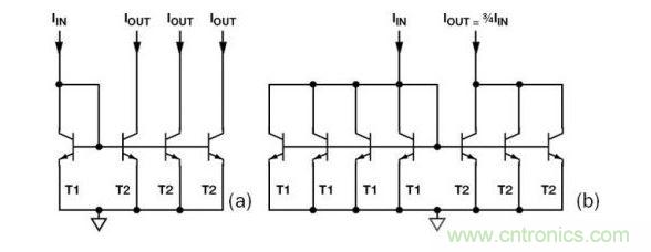 （a） 多級電流鏡 （b） 非整數(shù)比例電流鏡可將3個T2集電極結(jié)合起來，得到3IIN