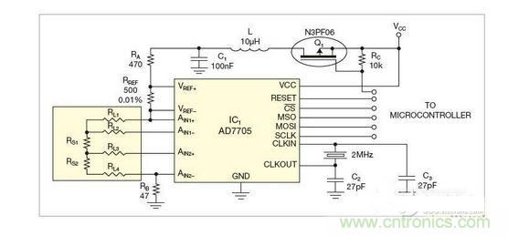 測(cè)量電路測(cè)三個(gè)點(diǎn)的值，微控制器就可以計(jì)算出傳感器值