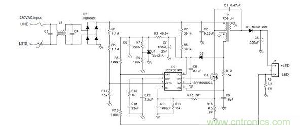 該拓撲不僅可提供良好功率因數(shù)，而且還符合EN61000-3-2C類標準
