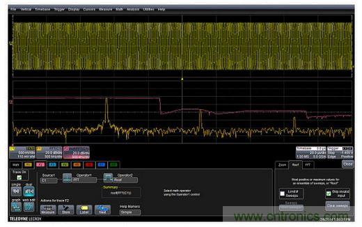 紅色曲線F2(中心)顯示了掃頻正弦波FFT中的每個(gè)頻率的峰值或最大值。曲線F1(底部)是沒(méi)有應(yīng)用最高或最大值的FFT。F2描述符盒子顯示了最高功能的設(shè)置