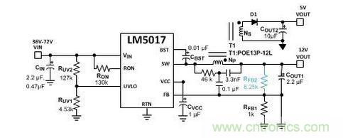 基于 LM5017 的 Fly-Buck 轉換器電路,沒有基于光耦合器的穩(wěn)壓電路