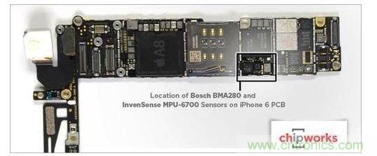 iPhone 6內(nèi)含1顆InvenSense的六軸陀螺儀-加速度計(jì)組合組件，以及1顆Bosch的三軸加速度計(jì)BMA280