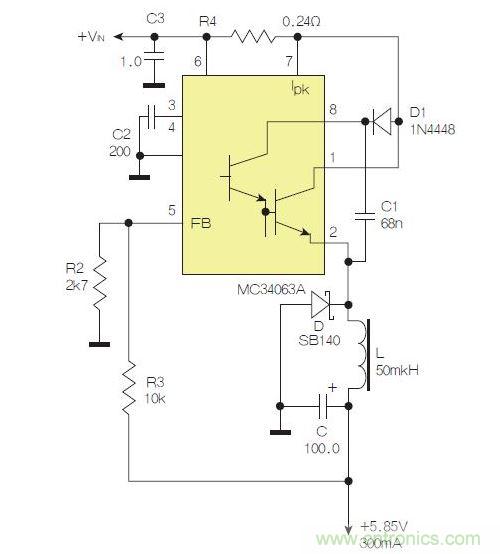 采用降壓配置中廣為使用的MC33063/MC34063的一個示例。