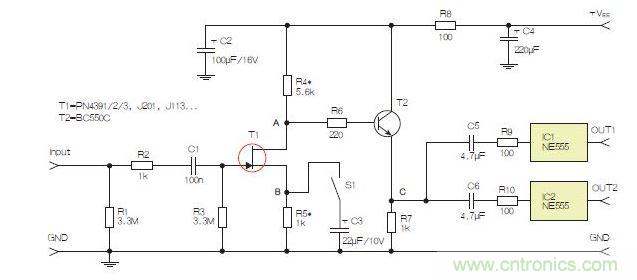 所示電路采用兩個工作在不同頻率下的555定時器，以獲取不同的音