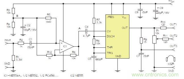 含運算放大器和NE555定時器的耳機和音頻線路驅動器。也可以使用CMOS版本(如LMC555)，但輸出電流較低。其優(yōu)點為工作頻率較高。