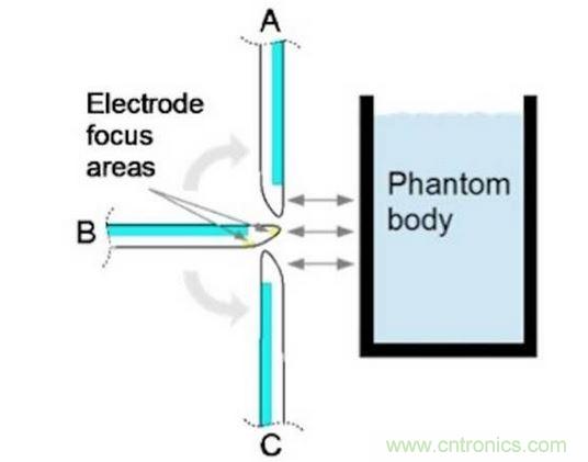 相對(duì)于假想體測(cè)試角的電極焦點(diǎn)區(qū)域。