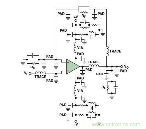 典型的運(yùn)算放大器電路，(a)原設(shè)計(jì)圖，(b)考慮寄生效應(yīng)后的圖