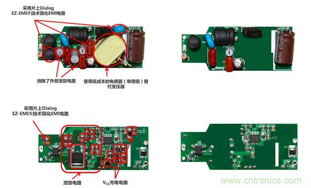 iW3688消除了20 多個(gè)外部元器件，降低BOM成本達(dá)20%~25%（左右分別為方案對比，上下為PCB正反面）