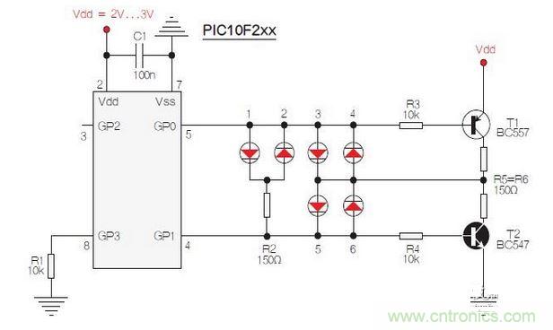 測(cè)試選擇PIC10F200，固件以兩個(gè)獨(dú)立、簡(jiǎn)單的匯編程序源代碼的方式提供。