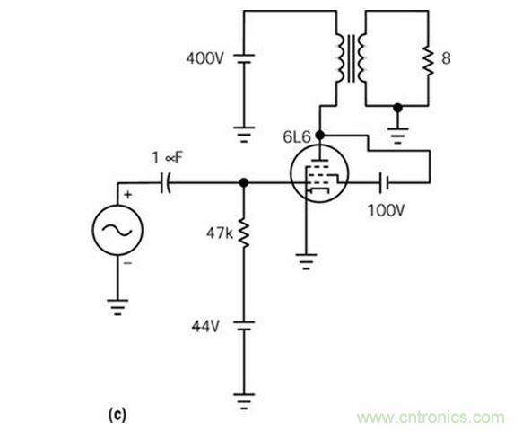 五極管（a）能輸出比三極管（b）大得多的功率，但采用升壓三極管配置除外（c）