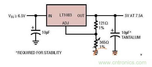 集成型線(xiàn)性穩(wěn)壓器實(shí)例：只有3個(gè)引腳的7.5A線(xiàn)性穩(wěn)壓器。