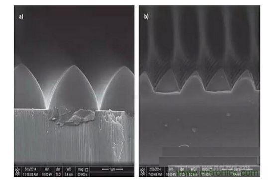圖案化藍(lán)寶石基板通過光致抗蝕劑掩膜在電感耦合等離子體干法反應(yīng)性腐蝕保持良好剛性結(jié)構(gòu)（如圖a）,然而，如果光致抗蝕劑掩膜的剛性結(jié)構(gòu)在抗蝕過程中沒有得到保持，那么結(jié)果會(huì)很差（如圖b）