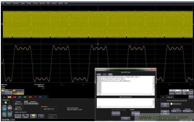 這個(gè)嵌入式MATLAB腳本用于解調(diào)調(diào)頻載波，并顯示調(diào)制波形。編輯框允許用戶不離開示波器環(huán)境就能完成腳本的創(chuàng)建或編輯。