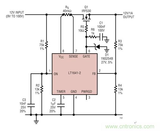 過壓瞬態(tài)保護器將輸出箝位在24V左右，如果輸入降至低于9V就斷接