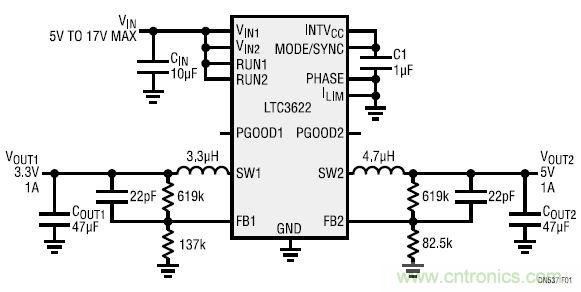 17V輸入、雙路1A輸出的同步降壓型穩(wěn)壓器
