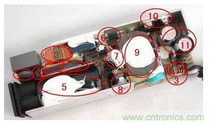 電源適配器的構(gòu)造  6 1. 壓敏電阻，其功能是當(dāng)外界電壓過(guò)高時(shí)，壓敏電阻阻值迅速變得很小，與壓敏電阻串聯(lián)的保險(xiǎn)絲被熔斷，從而保護(hù)其他電路不被燒壞。  2. 保險(xiǎn)絲，規(guī)格為2.5A/250V，當(dāng)電路中的電流過(guò)大時(shí)，保險(xiǎn)絲會(huì)熔斷以保護(hù)其他元件。  3. 電感線圈(又稱扼流圈)，主要功能是降低電磁干擾。  4. 整流橋，規(guī)格為D3SB，作用是把220V交流電變?yōu)橹绷麟姟? 5. 濾波電容，規(guī)格為180&mu;F/400V，作用是濾除直流電中的交流紋波，使電路工作更可靠。  6. 運(yùn)放IC(集成電路)，保護(hù)電路、電壓調(diào)節(jié)的重要組成部分。  7. 溫度探頭，用于探測(cè)電源適配器的內(nèi)部溫度，當(dāng)溫度高于某一設(shè)定值時(shí)(不同品牌的電源適配器，其設(shè)定的溫度閥值略有不同)，保護(hù)電路會(huì)切斷適配器的電壓輸出，從而保護(hù)適配器不受損壞。   8. 大功率開(kāi)關(guān)管，是開(kāi)關(guān)電源中的核心元件之一，開(kāi)關(guān)電源能&ldquo;一開(kāi)一關(guān)&rdquo;地工作，開(kāi)關(guān)管功不可沒(méi)。   9. 開(kāi)關(guān)變壓器，開(kāi)關(guān)電源中的核心元件之一。   10. 次級(jí)整流管，功能是把低壓交流電變?yōu)榈蛪褐绷麟?。在IBM的電源適配器中，整流管往往是由兩個(gè)大功率并聯(lián)工作的，以獲得較大的電流輸出。   11. 次級(jí)濾波電容，規(guī)格為820&mu;F/ 25V，共有兩個(gè)，起濾除低壓直流電中的紋波的作用。  除上述元件外，電路板上還有可調(diào)電位器及其他阻容元件。