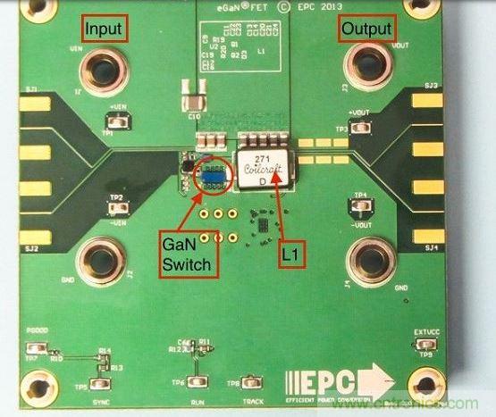 演示板用于顯示GaN的EMI。該GaN組件被圈定，我會在L1左側(cè)測量切換的波形。