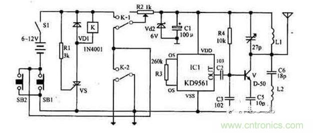 【導(dǎo)讀】隨著環(huán)保意識的增強，電動車已大量進入我們家庭，成為部分人必不可少的交通工具。如何防止電動車被盜則是車主十分關(guān)心的問題，為此，出現(xiàn)了各類電動車防盜鎖。除此之外呢？還有什么好的方法防盜呢？我們?yōu)榇蠹医榻B一款電動車防盜報警器電路圖。  各類電動車防盜鎖大量涌出，但是，電動車被盜現(xiàn)象仍層出不窮，較高級的電動車防盜鎖在短時間內(nèi)難以破壞，盜賊便將電動車搬上其它車輛上盜走，這樣，再高級的防盜鎖也顯得無能為力了。鑒于此，我們?yōu)榇蠹医榻B一款電動車防盜報警器電路圖。 1 報警器發(fā)射機部分是由繼電器K和可控硅VS用來控制發(fā)射機電路的電源。IC1組成警聲信號電路。晶體管V及其外圍元件組成射頻振蕩電路，發(fā)射報警信號。  在等待狀態(tài)時，開關(guān)S1接通，而SB1斷開（即車頭鎖被鎖?。?，K就處在釋放狀態(tài)，報警發(fā)射機不工作。當(dāng)車頭鎖被打開時（即SB1接通），VS被觸發(fā)導(dǎo)通，K吸合，接通發(fā)射機電源。SB1接通后，K-2的常開點將其自鎖，此時只有斷開S1報警方能結(jié)束。在K動作時，其常閉觸點K-l斷開，切斷發(fā)動機點火電路。  接收機電路由TDA7010和開關(guān)功放TWH8778、TWH68組成。當(dāng)IC2 收到報警信號時其互腳的高電平通過IC3經(jīng)IC4放大由TWH15放出報警聲。但要考慮到頻率的穩(wěn)定性，因為7010自身沒有頻率穩(wěn)定電路，在工作時要多作檢測，最好用印制板和貼片元件。  按上述操作方法停放車輛后，報警器即進入待報警狀態(tài)。在待報警期間，只要有人無論用什么方法打開車頭鎖或搬移車輛，都將觸發(fā)報警器報警不停，并切斷發(fā)動機電源使車輛無法起動，直至車主人趕來將點火鑰匙插入點火鎖內(nèi)轉(zhuǎn)到關(guān)的位置，報警才能解除。