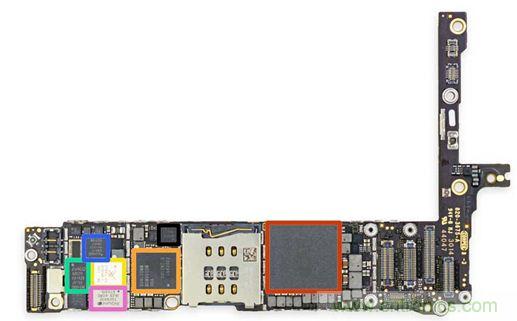 iPhone 6 Plus主板采用1GB RAM的蘋果A8 SoC作為核心部件。（來源：iFixit）