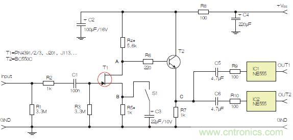 圖3：采用兩個工作在不同頻率下的555定時器電路，以獲取不同的音效。