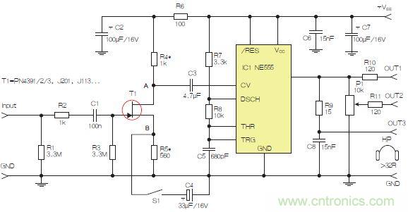 圖2：含JFET輸入和NE555的耳機(jī)/線路驅(qū)動器。