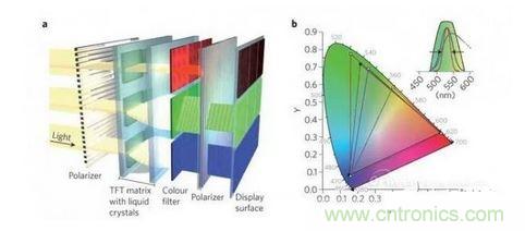  LCD顯示器示意圖。TFT表示薄膜晶體管（thin-film transistor）。