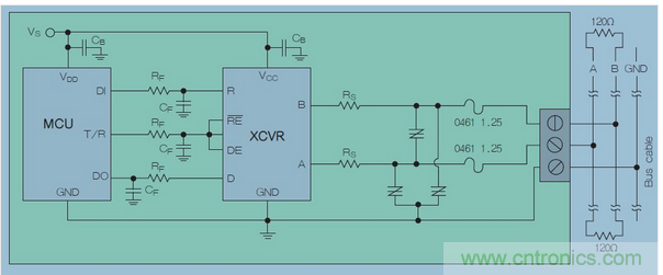 在高暴露環(huán)境中的RS-485總線的電路保護示意圖中，上圖類似&ldquo;Z&rdquo;字形的符號可代表多種過壓保護解決方案，包括Q2L系列SIDACtor保護晶閘管(圖7)。