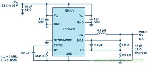 42 V、6 A（峰值7 A）、超低EMI輻射、高效率降壓型穩(wěn)壓器