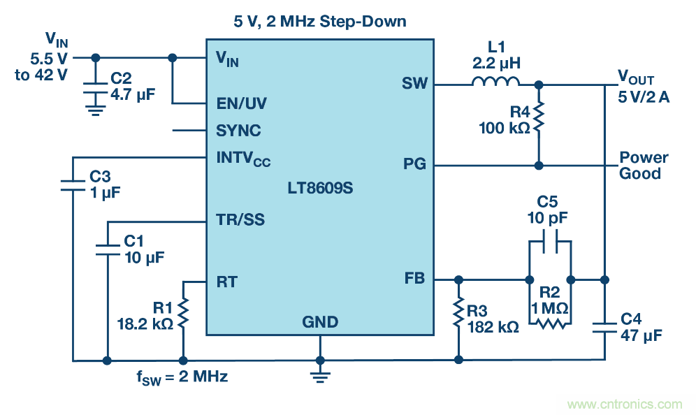 具 2.5 &mu;A 靜態(tài)電流和超低 EMI 輻射的 42 V、2 A/3 A 峰值同步降壓型穩(wěn)壓器