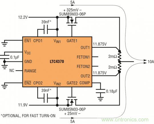 針對三個或四個電源的簡易平衡負載均分，即使電源電壓不等也絲毫不受影響