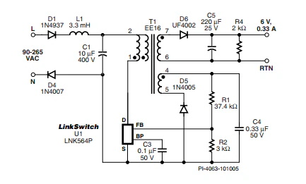 LinkSwitch-LP 系列旨在取代手機(jī)/無繩電話、PDA、數(shù)碼相機(jī)和便攜式音頻播放器等應(yīng)用中輸出功率 < 2.5 W 的低效線頻線性變壓器電源。LinkSwitch-LP 還可用作白色家電等應(yīng)用中的輔助電源。  LinkSwitch-LP 將高壓功率 MOSFET 開關(guān)與 ON/OFF 控制器集成在一個(gè)設(shè)備中。它完全由漏極引腳自供電，具有低 EMI 的抖動(dòng)開關(guān)頻率，并且具有全面的故障保護(hù)。自動(dòng)重啟可限制過載和輸出短路條件下的器件和電路耗散，而遲滯過溫保護(hù)會(huì)在熱故障期間禁用內(nèi)部 MOSFET。EcoSmart 技術(shù)使設(shè)計(jì)能夠輕松實(shí)現(xiàn) < 150 mW 的空載功耗，滿足能源效率要求。  LinkSwitch-LP 的設(shè)計(jì)目的是在輸出功率低于 2.5 W 時(shí)無需初級側(cè)鉗位電路，從而顯著減少組件數(shù)量和總系統(tǒng)成本。圖 1 顯示了基于 LinkSwitch-LP 的 2 W 電源，不帶初級側(cè)鉗位。LinkSwitch-LP 系列經(jīng)過優(yōu)化，當(dāng)變壓器上的輔助或偏置繞組提供反饋時(shí)，可提供近似的 CV/CC 輸出特性。這非常適合取代工頻變壓器的應(yīng)用，提供兼容的輸出特性，但過載、短路電流和輸入線電壓變化較小。  　  在無鉗位設(shè)計(jì)中使用 LinkSwitch-LP 的基本電路原理圖。  快速開始  　 LinkSwitch-LP 反激式設(shè)計(jì)流程圖