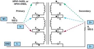   材料  ? ADALM2000主動學習模塊 ? 無焊試驗板和跳線套件 ? 一臺HPH1-1400L 6繞組變壓器 ? 一臺HPH1-0190L 6繞組變壓器 ? 兩個100 Ω電阻  說明  在無焊試驗板上構建圖2所示的電路。需要使用此設置來測量初級/次級匝數(shù)比為1:1的三種不同配置下，兩個變壓器型號各自的頻率響應。兩個紅色箭頭表示在初級和次級使用同一個線圈的配置中連接源電阻和負載電阻的位置。藍色箭頭對應的是在初級和次級使用兩個串聯(lián)線圈的配置。綠色箭頭對應的是在初級和次級使用三個串聯(lián)線圈的配置。