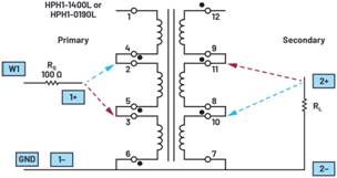   材料  ? ADALM2000主動學習模塊 ? 無焊試驗板和跳線套件 ? 一臺HPH1-1400L 6繞組變壓器 ? 一臺HPH1-0190L 6繞組變壓器 ? 兩個100 Ω電阻  說明  在無焊試驗板上構建圖2所示的電路。需要使用此設置來測量初級/次級匝數(shù)比為1:1的三種不同配置下，兩個變壓器型號各自的頻率響應。兩個紅色箭頭表示在初級和次級使用同一個線圈的配置中連接源電阻和負載電阻的位置。藍色箭頭對應的是在初級和次級使用兩個串聯(lián)線圈的配置。綠色箭頭對應的是在初級和次級使用三個串聯(lián)線圈的配置。