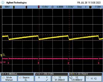  圖9.負載調(diào)整和折返頻率。隨著負載增大，頻率會折返以維持穩(wěn)定的輸出電壓。  在圖9中可以看到，隨著負載增加，器件頻率會折返以保持恒定的輸出電壓。器件在DCM下運行至約0.28 A，這就是頻率下降到約495 kHz然后又回升至657 kHz的原因。以657 kHz的頻率運行時，器件可以保持正常操作，直至負載達到0.7 A。此時頻率降低以保持適當(dāng)?shù)妮敵鲭妷?，直至負載達到1.4 A左右。發(fā)生這種情況時，器件無法在保持輸出電壓的同時將頻率降低到100 kHz以下（該器件指定的最低反饋頻率），因此輸出電壓開始下降。  這個問題的解決辦法不像違反最小導(dǎo)通時間規(guī)范那么簡單。設(shè)計人員通常需要滿足特定的輸入電壓和輸出電壓要求，因此無法隨意更改占空比來延長關(guān)斷時間。如果設(shè)計人員可以提供更大的輸入電壓，則器件將以設(shè)定的頻率工作，因為較小占空比會防止器件違反最小關(guān)斷時間規(guī)范。這一點可以從圖10中看出，其中器件以設(shè)定的2 MHz頻率運行。